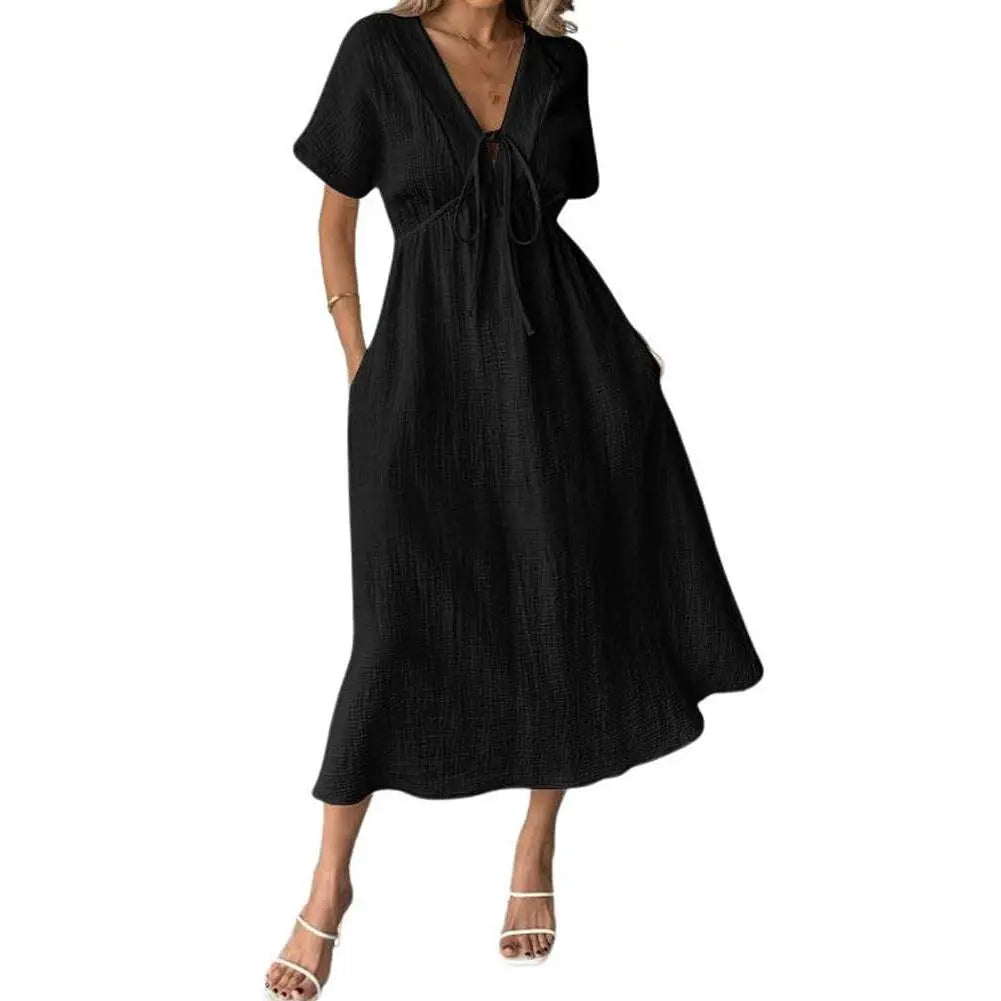 Women's Cotton V-Neck Drawstring Casual Beach Dress with Pockets