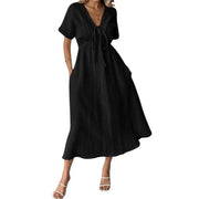 Women's Cotton V-Neck Drawstring Casual Beach Dress with Pockets
