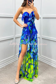 Gradient Print Strapless Maxi Dress with Layered Ruffles