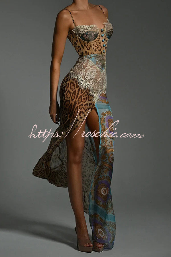 Chiffon Leopard Print Maxi Dress with High Slit