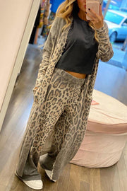 Leopard Print Cardigan & Elastic Waist Pants Lounge Set