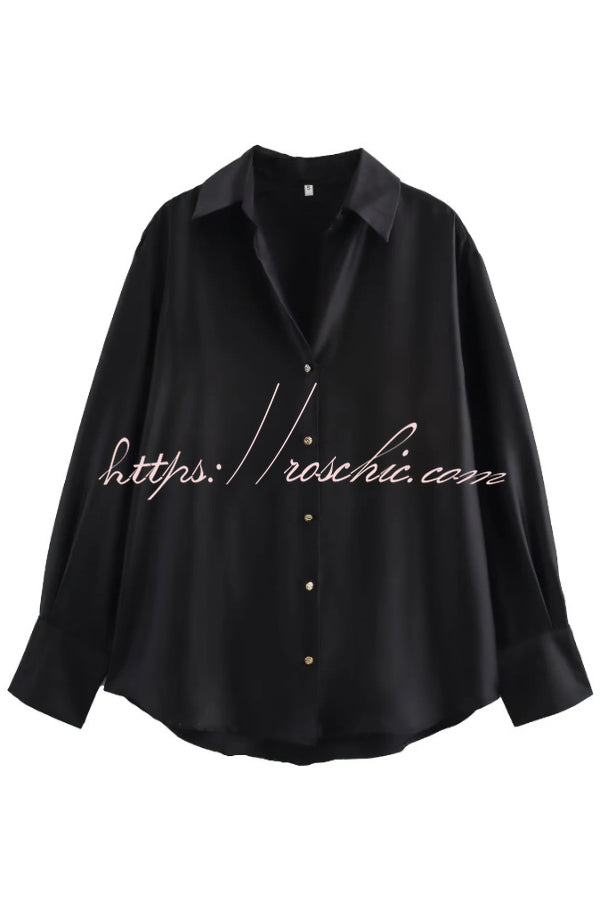 Satin Texture Long Sleeve Loose Shirt | Office Blouse