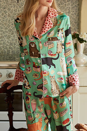 Coffee Cat Print Long Sleeve Two-Piece Lounge Set