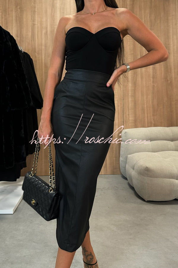 Faux Leather High-Rise Midi Skirt with Pockets and Slit