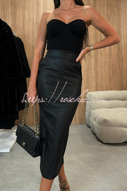 Faux Leather High-Rise Midi Skirt with Pockets and Slit
