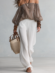 Striped Off-Shoulder Blouse & Wide-Leg Pants Set
