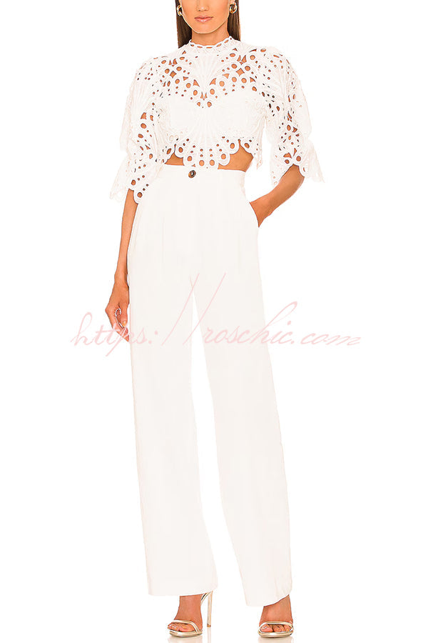 Embroidered Scallop Cutout High Neck Puff Sleeve Crop Top