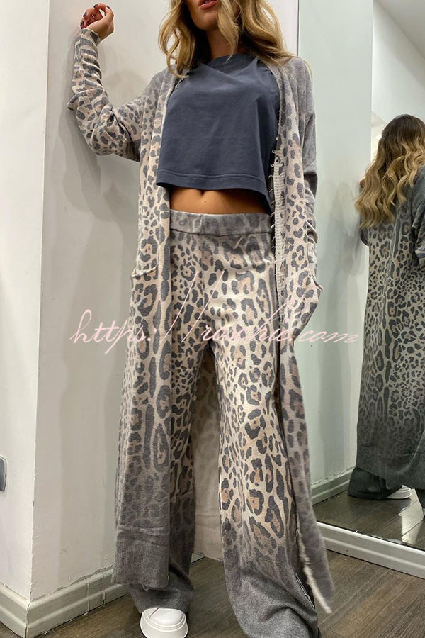 Leopard Print Cardigan & Elastic Waist Pants Lounge Set
