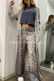 Leopard Print Cardigan & Elastic Waist Pants Lounge Set