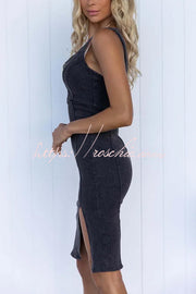 Denim Midi Dress with Adjustable Straps & Zip-Up Front