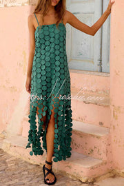 Embroidered Polka Dot Square Neck Tassel Hem Slip Maxi Dress