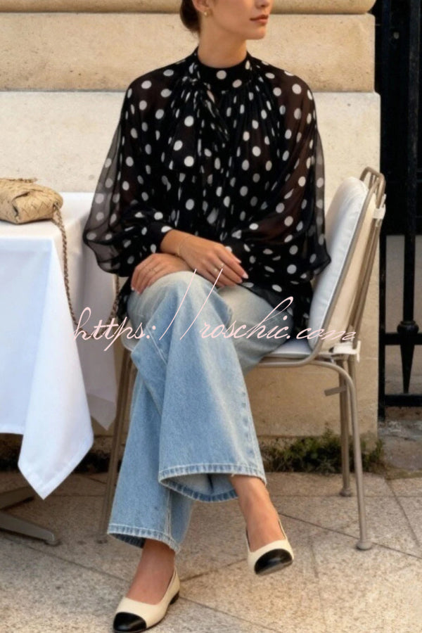 Polka Dot Lantern Sleeve Tie-Waist Loose Shirt