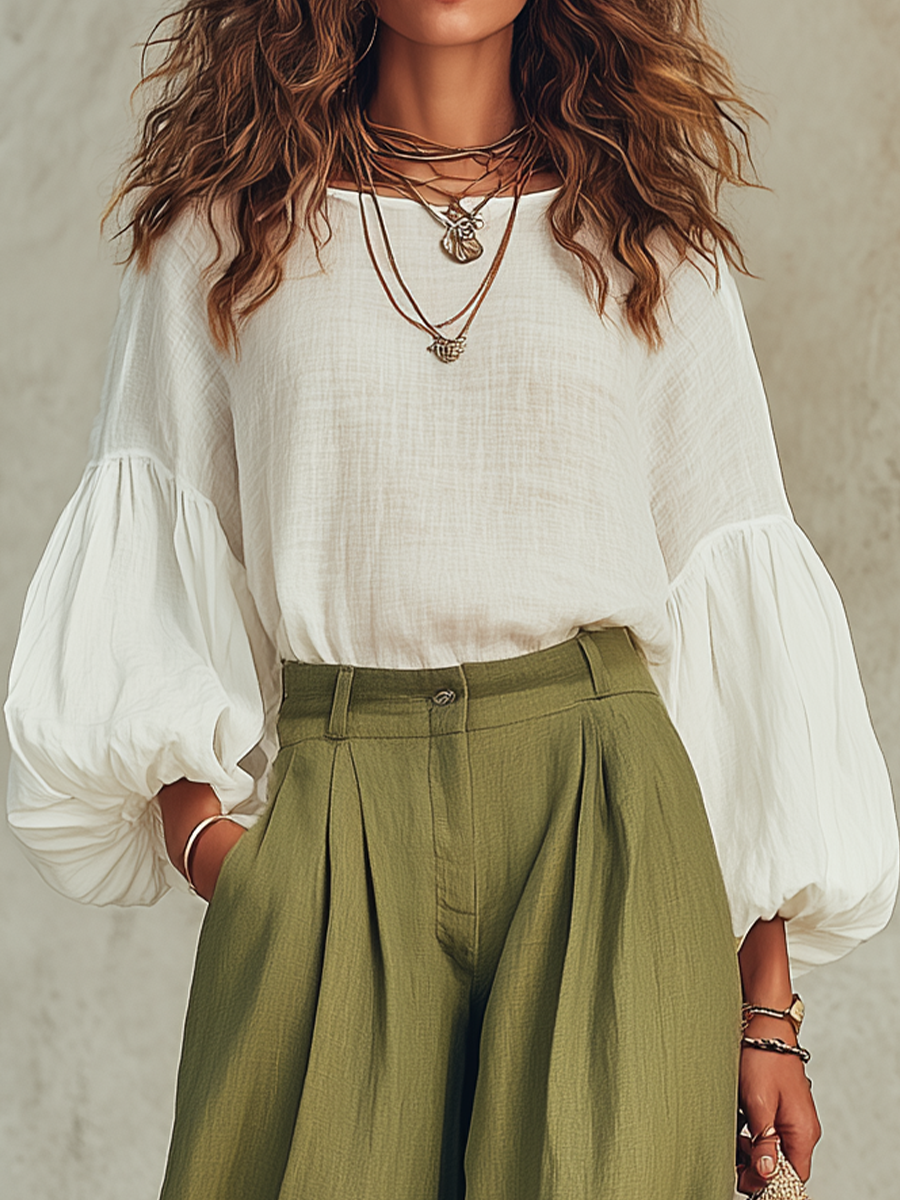 Puff Sleeve Wide-Leg Pants Set | Two-Piece Coord