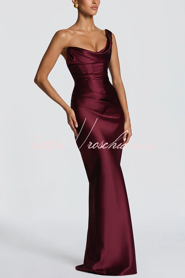 Satin One-Shoulder Pleated Maxi Dress for Party Wear