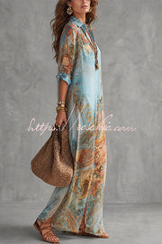 Boho Vintage Print Button-Down Maxi Shirt Dress