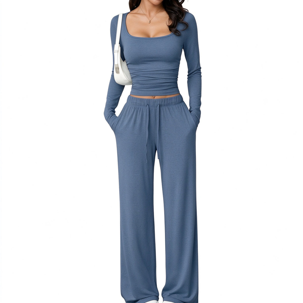 Duniii Square Neck Crop Top & Wide-Leg Pants Set