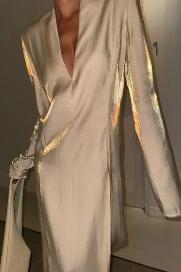 Glossy V-Neck Long Sleeve Slit Maxi Dress – Loose Fit