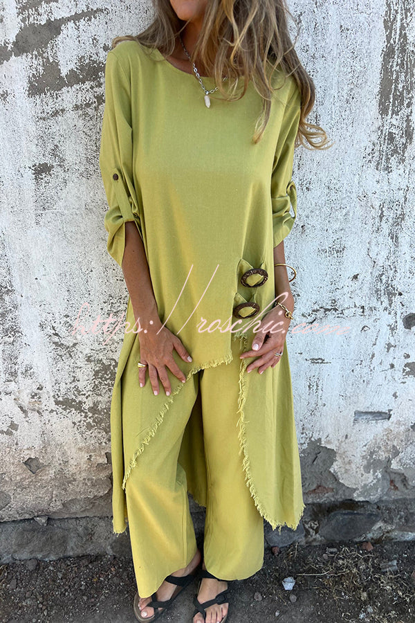 Linen Blend Midi Blouse and Wide-Leg Pants Set