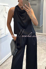 Ensemble haut à col bénitier en satin et pantalon ample | Deux pièces sans manches