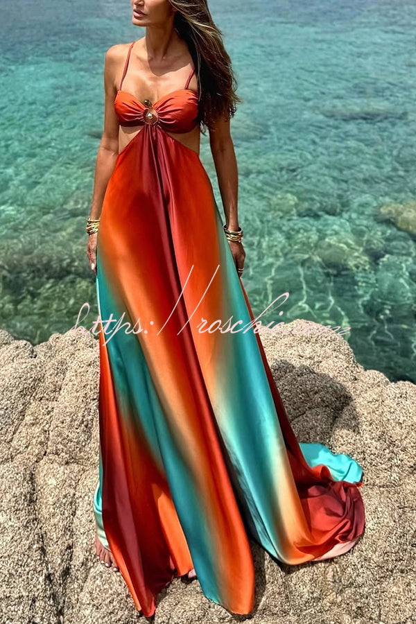 Neon Sunset Print Cutout Back Tie-Up Maxi Dress
