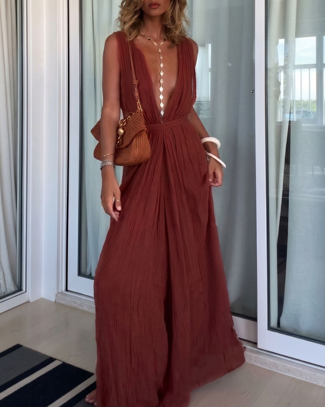 V-Neck Lace-Up Jumpsuit for Vacation & Resort Wear