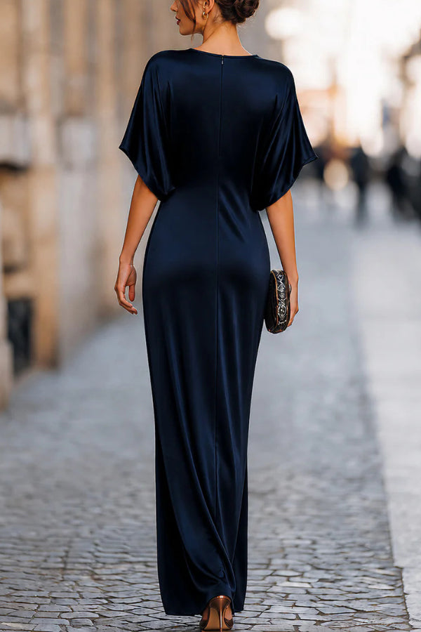 Solid Color Draped Maxi Dress – Round Neck, Short Sleeve