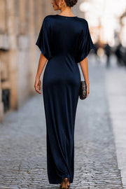 Solid Color Draped Maxi Dress – Round Neck, Short Sleeve