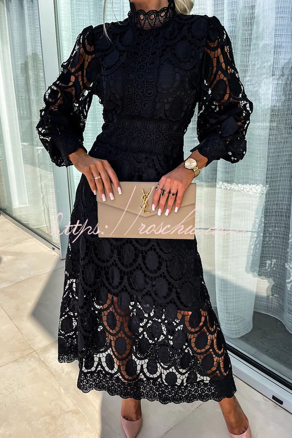 Crochet Lace Lantern Sleeve Midi Dress for Parties
