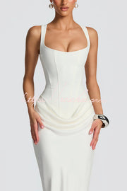 Square Neck Satin Drape Maxi Dress with Lace-Up Back