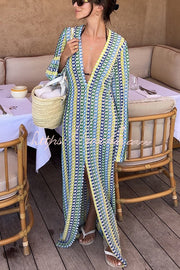 Colorful Wave Print Knit Maxi Dress – Long Sleeve