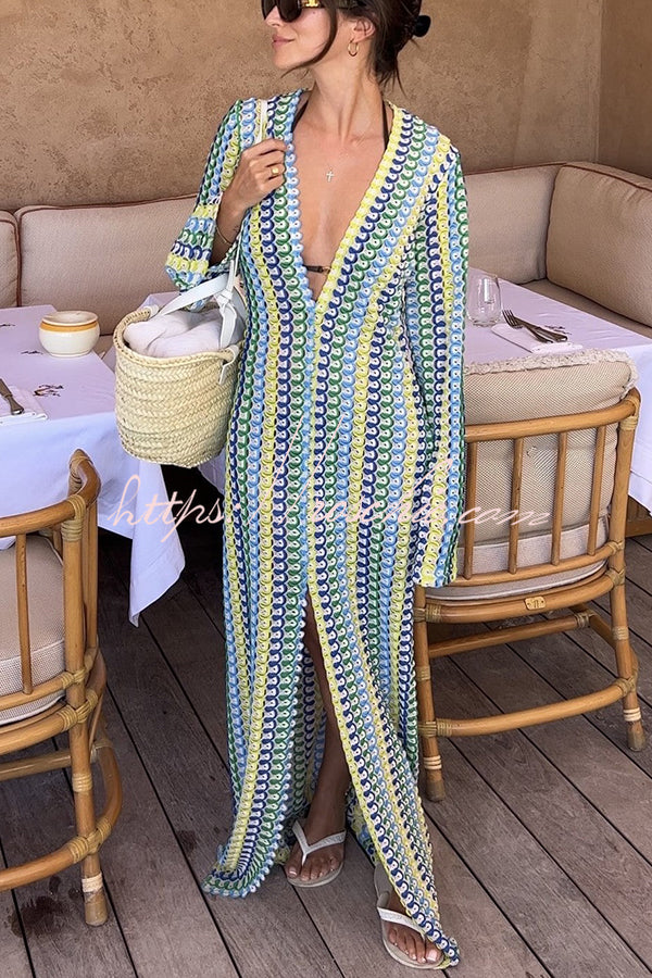 Colorful Wave Print Knit Maxi Dress – Long Sleeve