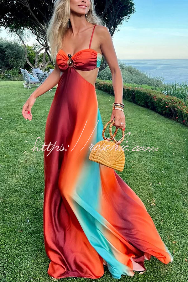 Neon Sunset Print Cutout Back Tie-Up Maxi Dress