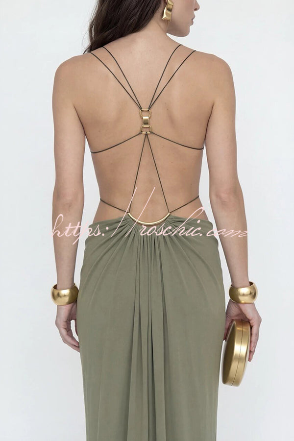 Metal-Link Cutout Back Lace-Up Drape Maxi Dress