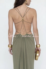 Metal-Link Cutout Back Lace-Up Drape Maxi Dress