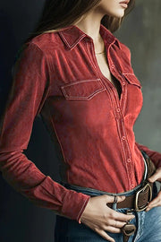 Women's Suede Long Sleeve Button-Down Shirt – Loose Fit