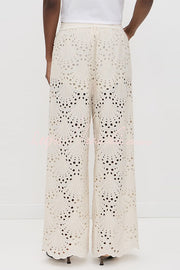 Embroidered Lace Wide Leg Pants with Elastic Waist & Pockets