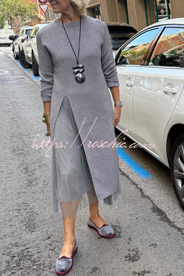 Knit & Tulle Two-Piece Midi Dress Set with Long Sleeve Top