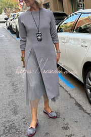 Knit & Tulle Two-Piece Midi Dress Set with Long Sleeve Top