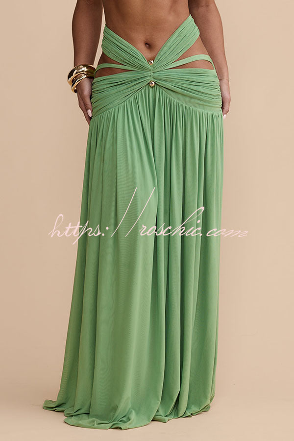 Stretch Mesh Cutout Waist Gathered Maxi Skirt with Gold Detail