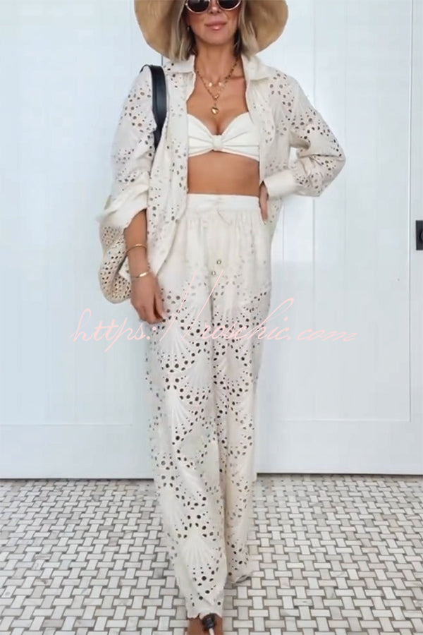 Embroidered Lace Wide Leg Pants with Elastic Waist & Pockets