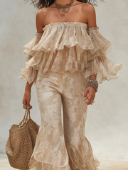 Bohemian Nude Ruffled Off-Shoulder Two-Piece Set