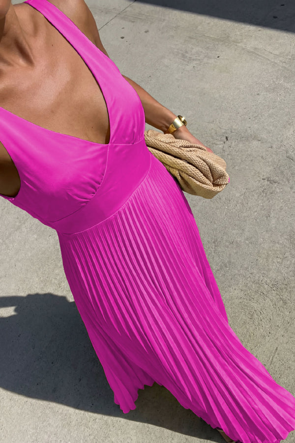 Sleeveless V-Neck Backless Pleated Maxi Dress