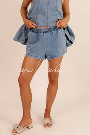 Denim Sleeveless Flare Hem Top & Shorts Set