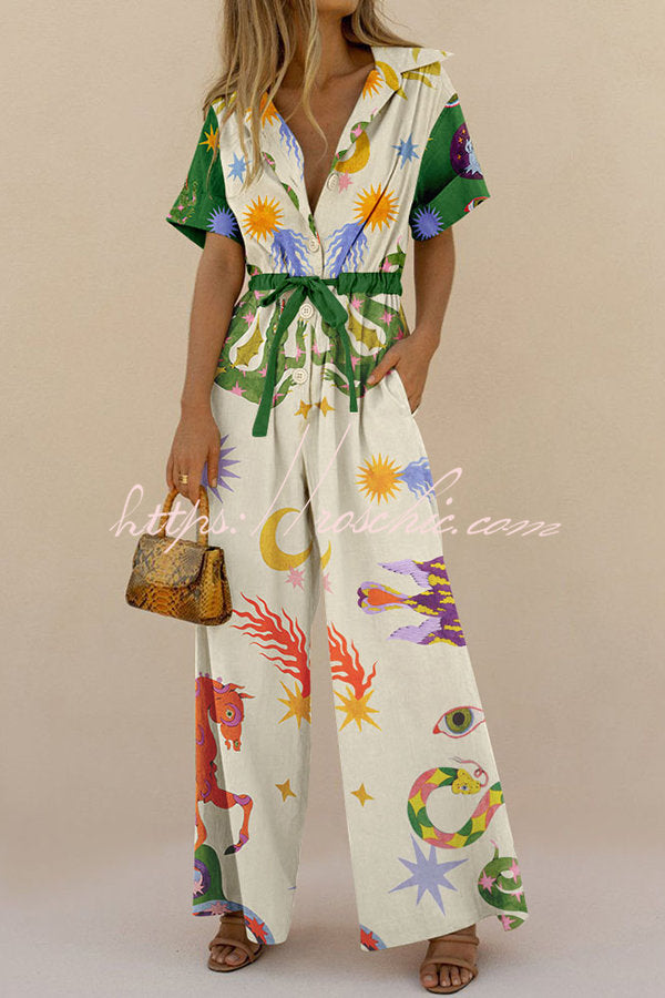 Linen Blend Wide Leg Jumpsuit with Pockets & Shirt Collar
