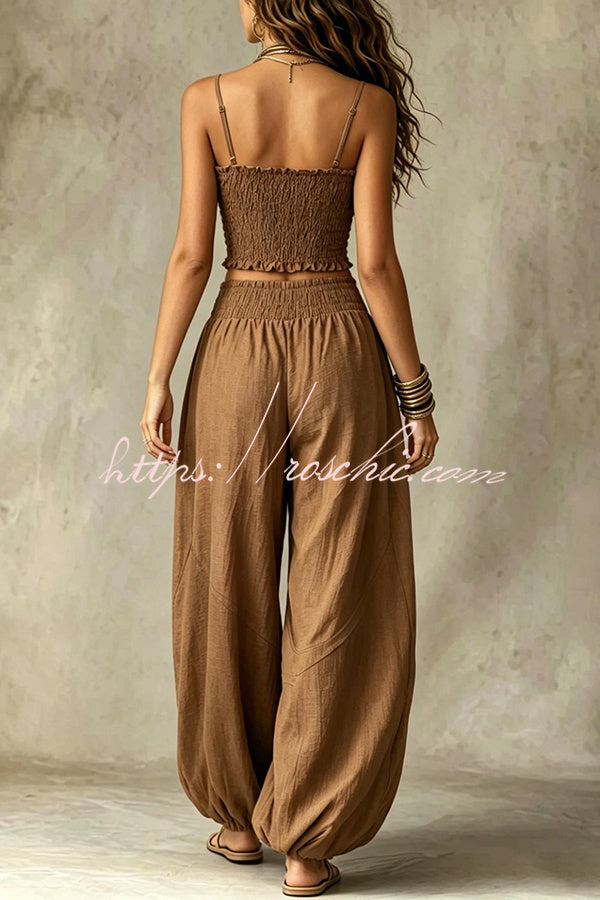 Olive Pleated Crop Top & Wide-Leg Pants Set