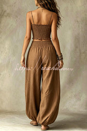 Olive Pleated Crop Top & Wide-Leg Pants Set
