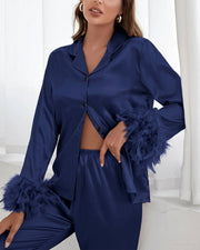 Feather-Trim Ice Silk Pajama Set