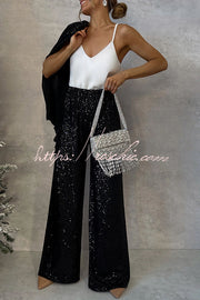Sequin Wide Leg Pants High Rise Elastic Waist Party