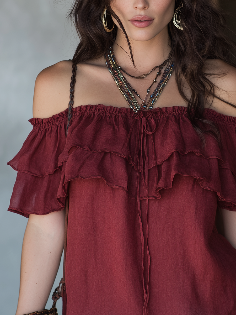 Brick Red Cotton Linen Off-Shoulder Ruffle Top