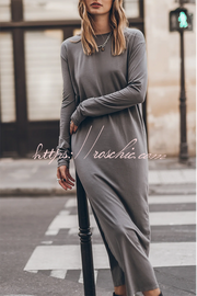Cotton Blend Long Sleeve Midi Dress – Relaxed Fit